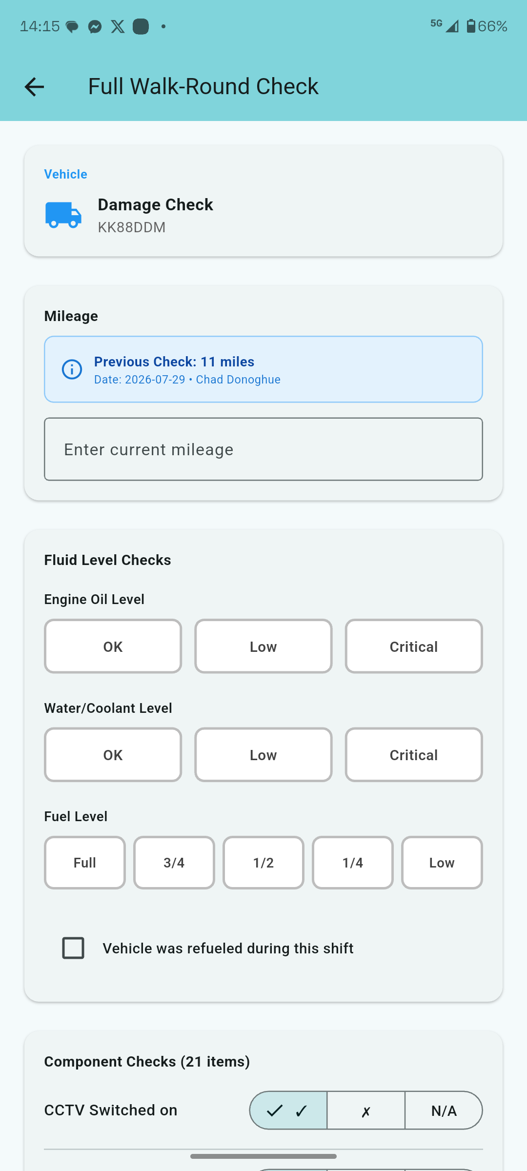 Walk-Round Check screen